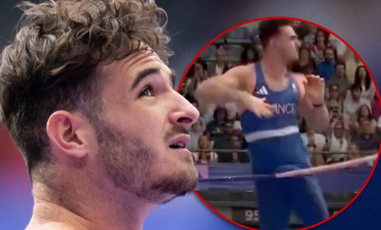 The pole vaulter's bulge gets stuck on the bar, knocking him out of the Olympics