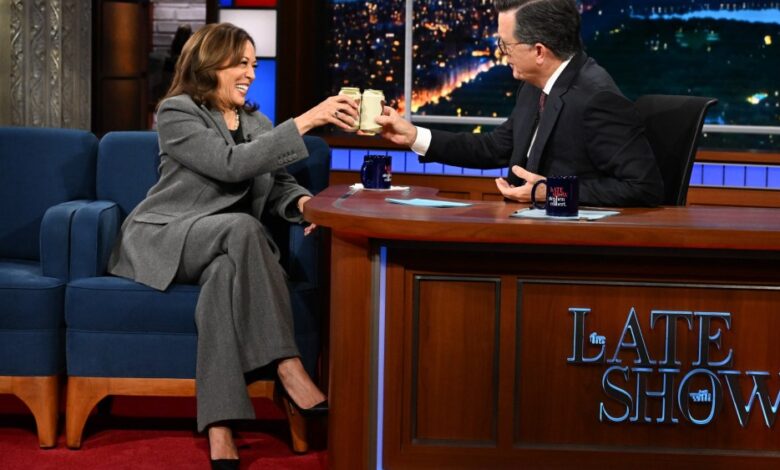 Kamala Harris drinks beer with Stephen Colbert on 'The Late Show'