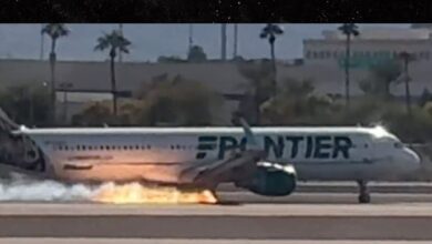 Video shows a Frontier Airlines plane catching fire in Las Vegas