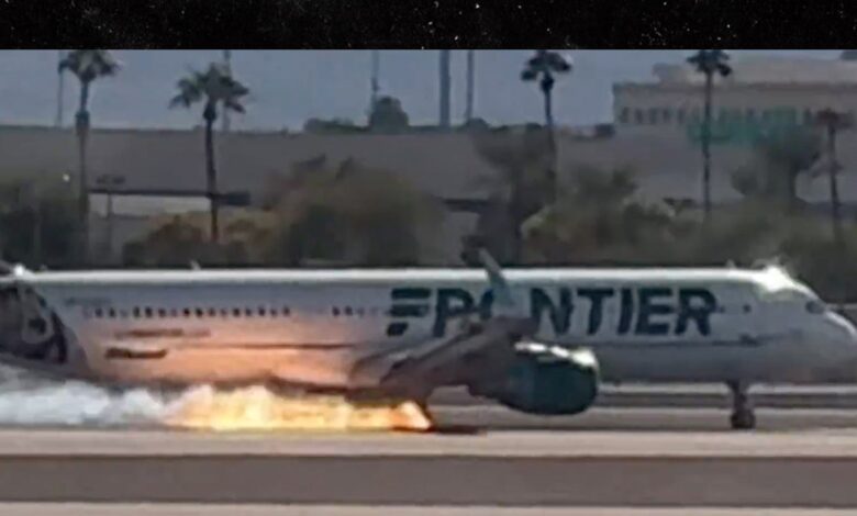 Video shows a Frontier Airlines plane catching fire in Las Vegas