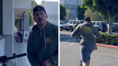 Jax Taylor refuses to comment on car crash, leaves store on scooter