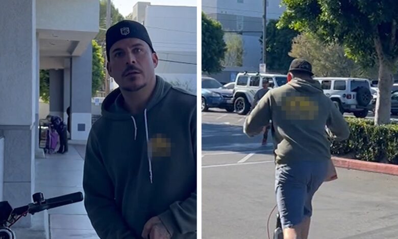 Jax Taylor refuses to comment on car crash, leaves store on scooter