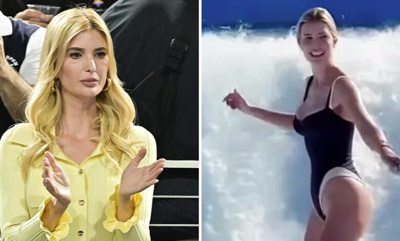 Ivanka shows off a hot figure in a plunging black swimsuit while surfing