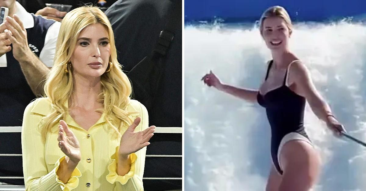 Ivanka shows off a hot figure in a plunging black swimsuit while surfing