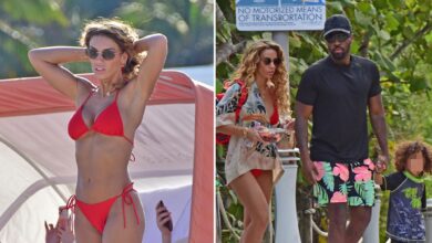 Jason Derulo's ex Jena Frumes wears a red bikini during a family beach day