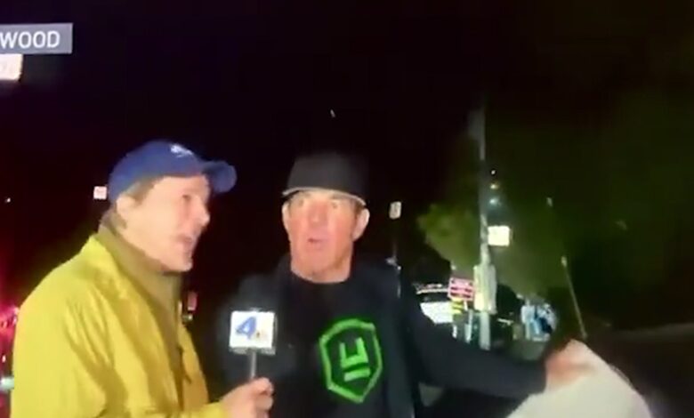 Dennis Quaid stops to talk to reporter and gives advice to evacuees as they flee home