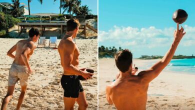 Tom Brady shows off throwing arm and shirtless body during beach football fun