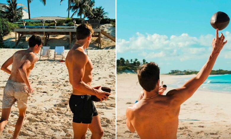 Tom Brady shows off throwing arm and shirtless body during beach football fun