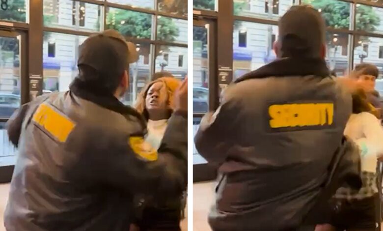 Taco Bell Cantina Security Guard hits Vrouw on Video