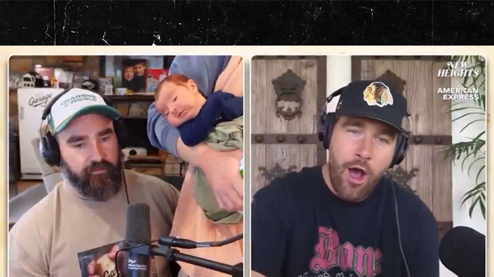Travis Kelce meets Jason's newborn baby on Jason's podcast on Podcast