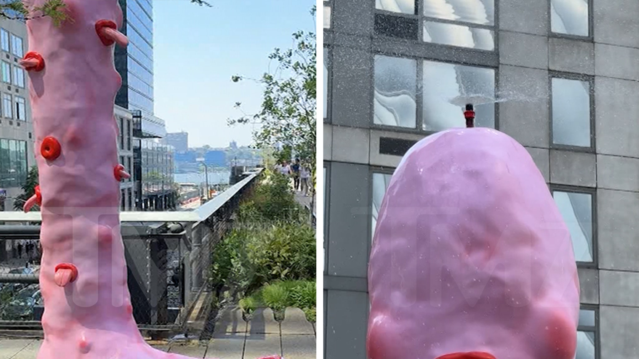 Fallic artificial sculpture that haunts water on passers -by, shocks crowd in NYC