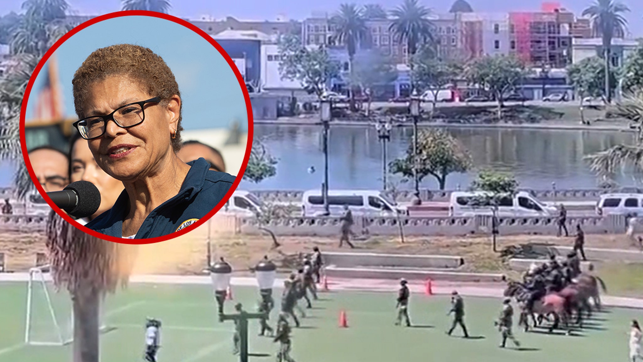 Federal Agents mounted by horses descends on Los Angeles Park, on video