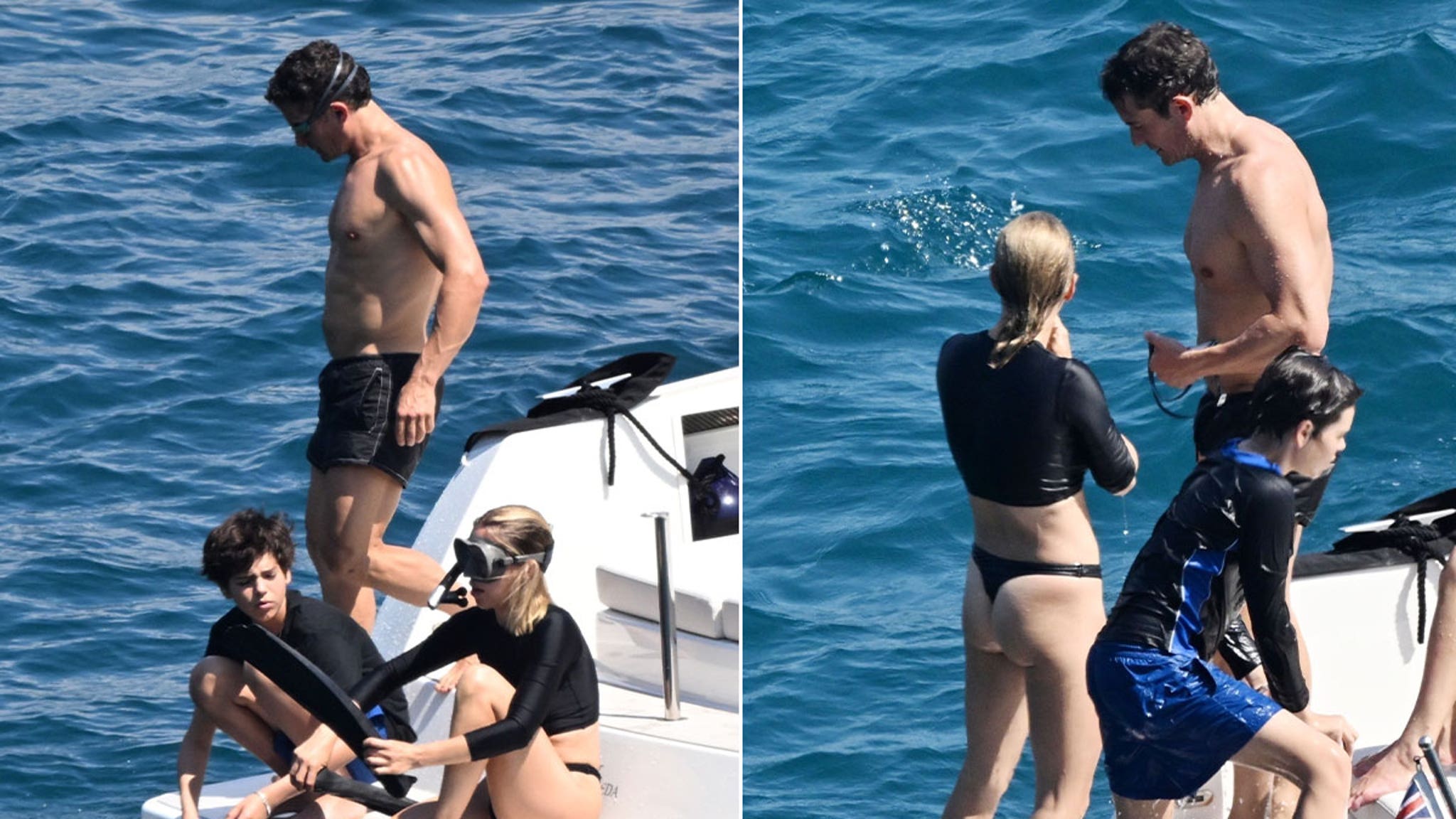 Orlando Bloom Snorkels with son and bikini babe
