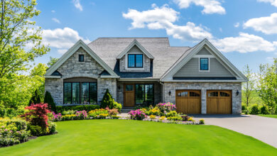 Highly detailed, bright, and clear photograph of a beautiful suburban home with a large front yard and a perfectly manicured lawn in the springtime.