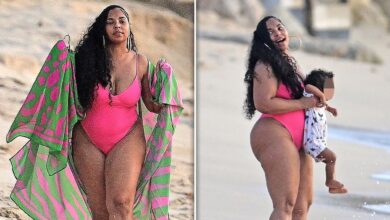 Ashanti shows off beach bod on holiday with baby boy