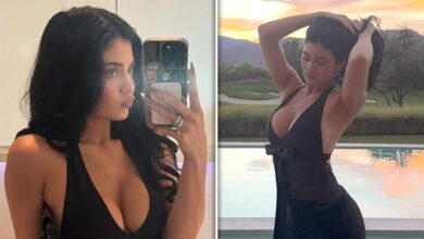 Kylie Jenner poses in busty black dress