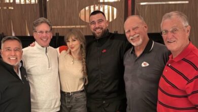 Taylor Swift cuddles with fiance Travis Kelce and father Scott