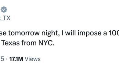 Tweet from Texas Governor Greg Abbott threatening 100% tariffs on New Yorkers seeking to flee to the Lone Star State if Mamdani wins the election