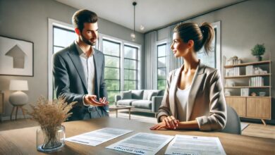 DALL·E 2025-04-22 12.28.59 - A clean, professional wide-format illustration for a real estate website, showing a confident real estate agent explaining disclosure forms to a home