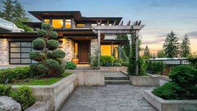 modern home with brick walkway