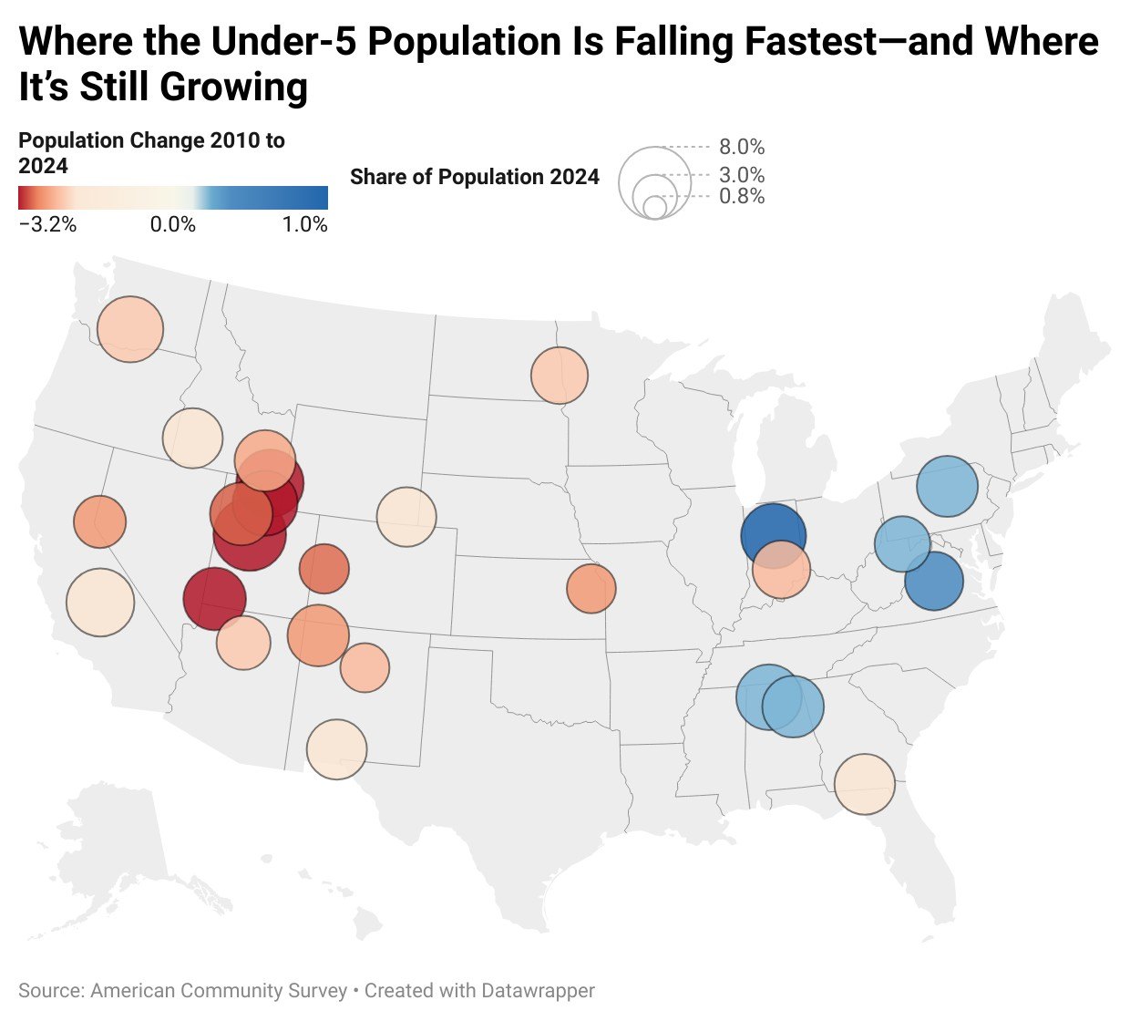 Map of metros where the number of children under 5 has fallen the most since 2010.