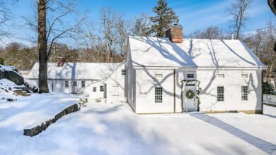 Exterior in the snow with a wreath from Chris Simms' equestrian estate in Greenwich, Connecticut