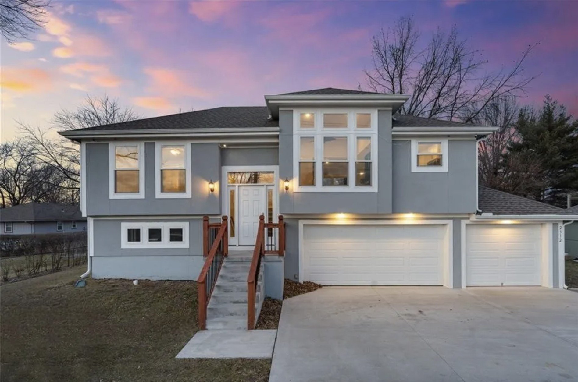 A frame of photos of a house in Kansas City, MO, at dusk
