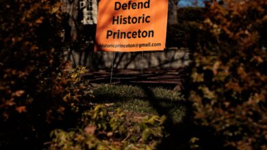 Read signage "Defend historic Princeton" is depicted across the street from Albert Einstein's house
