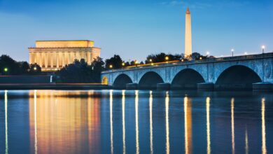 Washington DC, USA skyline on the Potomac River at night with long reflections