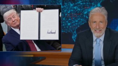 Jon Stewart jokes that Trump used psychedelics when signing the bill