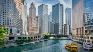 Chicago River Cityscape Water Taxi Tourboat Cruising in Summer